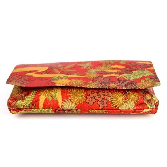 VTG HANDCRAFTED RED MULTICOLOR GENUINE LEATHER FLORAL ASIAN PRINT CLUTCH POUCH